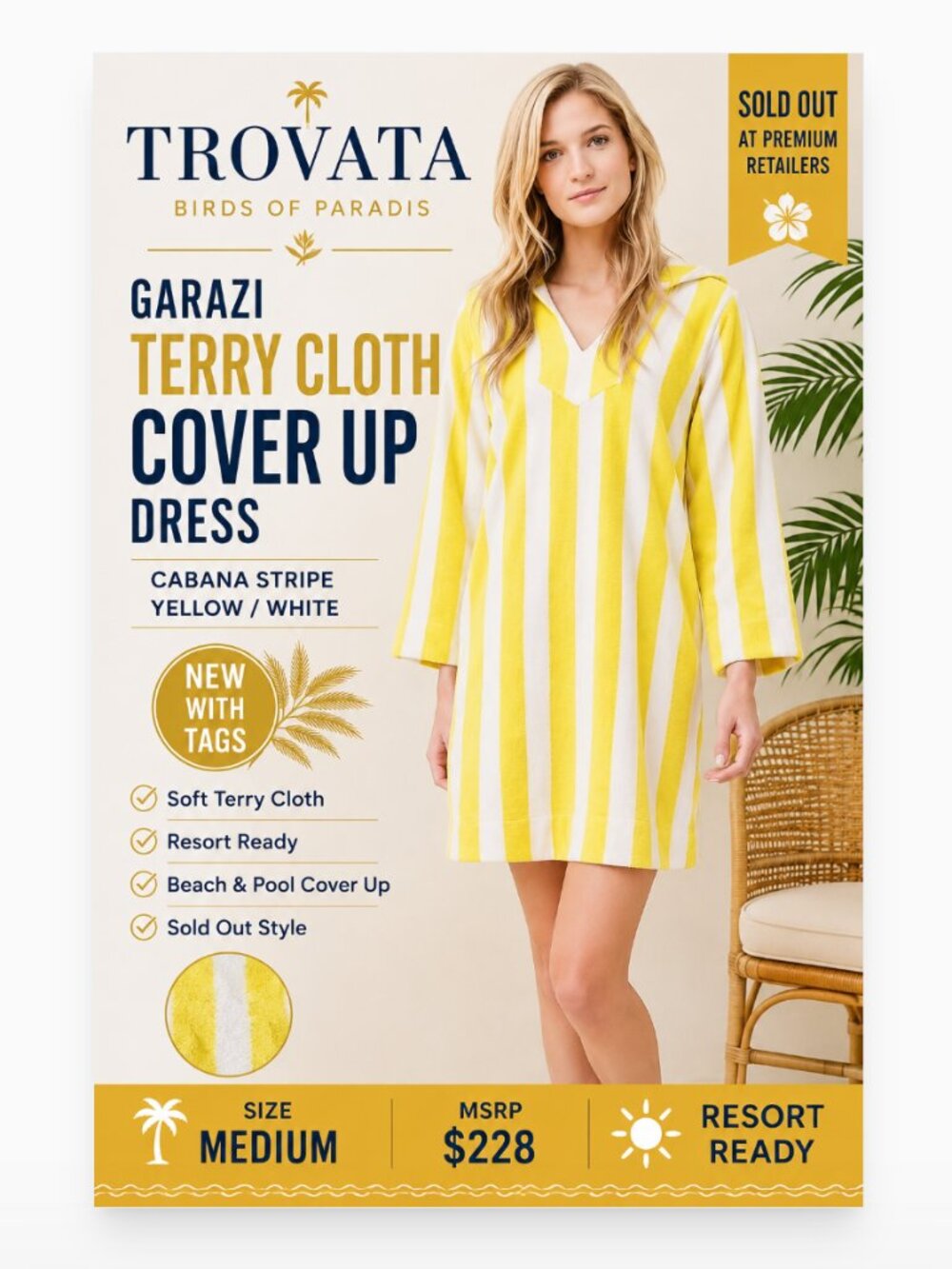 Trovata Birds of Paradis Garazi Terry Cloth Cover Up Dress Stripe Medium NWT